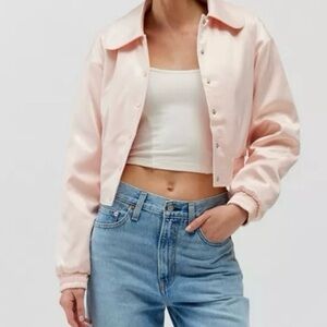 UO Sally Satin Pink Cropped Bomber Jacket Size Medium